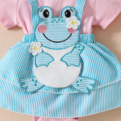 ふんわり可愛くおめかしできる 女の子ベビーカエルモチーフ半袖ロンパース＆ダブルスカート＆ヘアバンド3点セット コットンニット 0〜18ヶ月