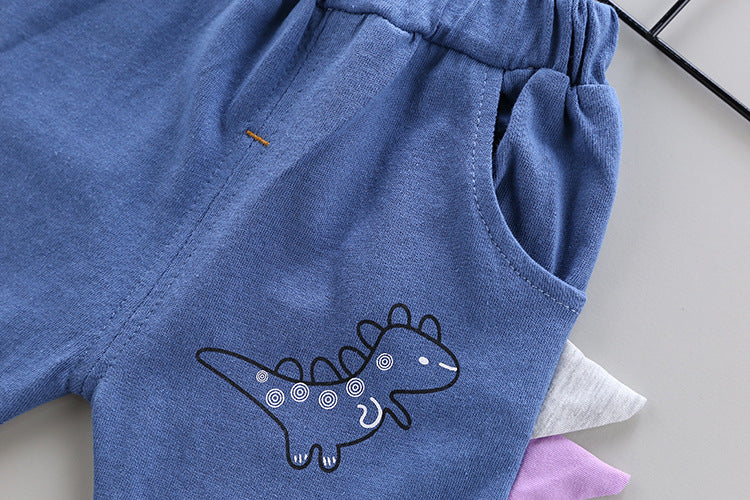 元気いっぱいに映える 子ども半袖上下セット 恐竜カートゥーンアップリケ 五分丈ショーツ コットン95% 80~110cm