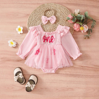 バースデーにふんわり映える 女の子長袖ロンパース チュールスカート重ね one刺繍 コットンニット ピンク・ベージュ・オリーブ 6〜18ヶ月