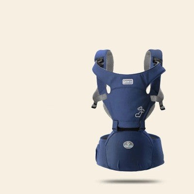 ダークブルーのヒップシート抱っこ紐 ウエストスツール 着用イメージ 白背景（ヒップシートキャリア）
