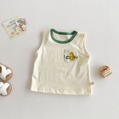 夏のおしゃれが一枚で完成する 赤ちゃんベスト&サロペット上下2点セット 恐竜カートゥーン総柄プリント コットン 73~100cm