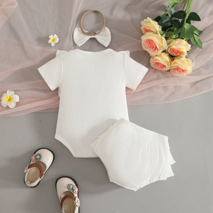 さらっとリブで夏も快適な 赤ちゃん女の子ロンパース＆フリルブルマ＆リボンヘアバンド3点セット 無地デザイン ポリエステルリブニット 0〜18ヶ月