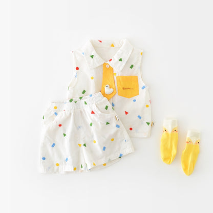 さらっと涼しく夏の韓国風コーデが完成する 子どもノースリーブベスト＆ショートパンツセット 幾何学刺繍デザイン コットン ホワイト 73〜100cm