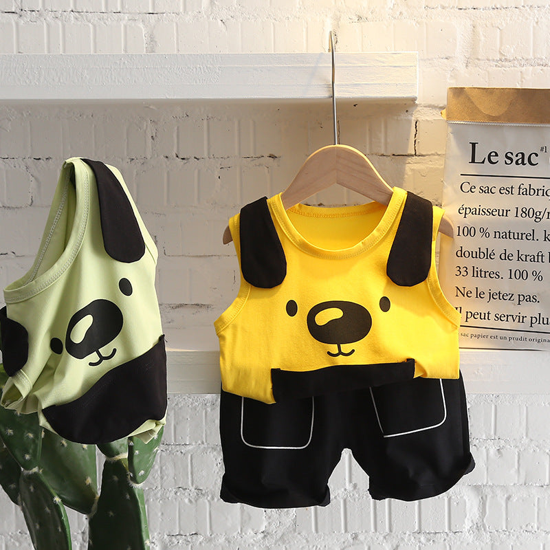 夏の外遊びがもっと快適になる 男の子カジュアル上下2点セット 犬フェイスプリント ラウンドネックノースリーブトップス＋ショートパンツ コットン 80~120cm
