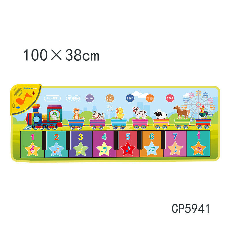 100×38cmの音楽マットデザイン 鍵盤とイラストが並ぶ知育プレイマット
