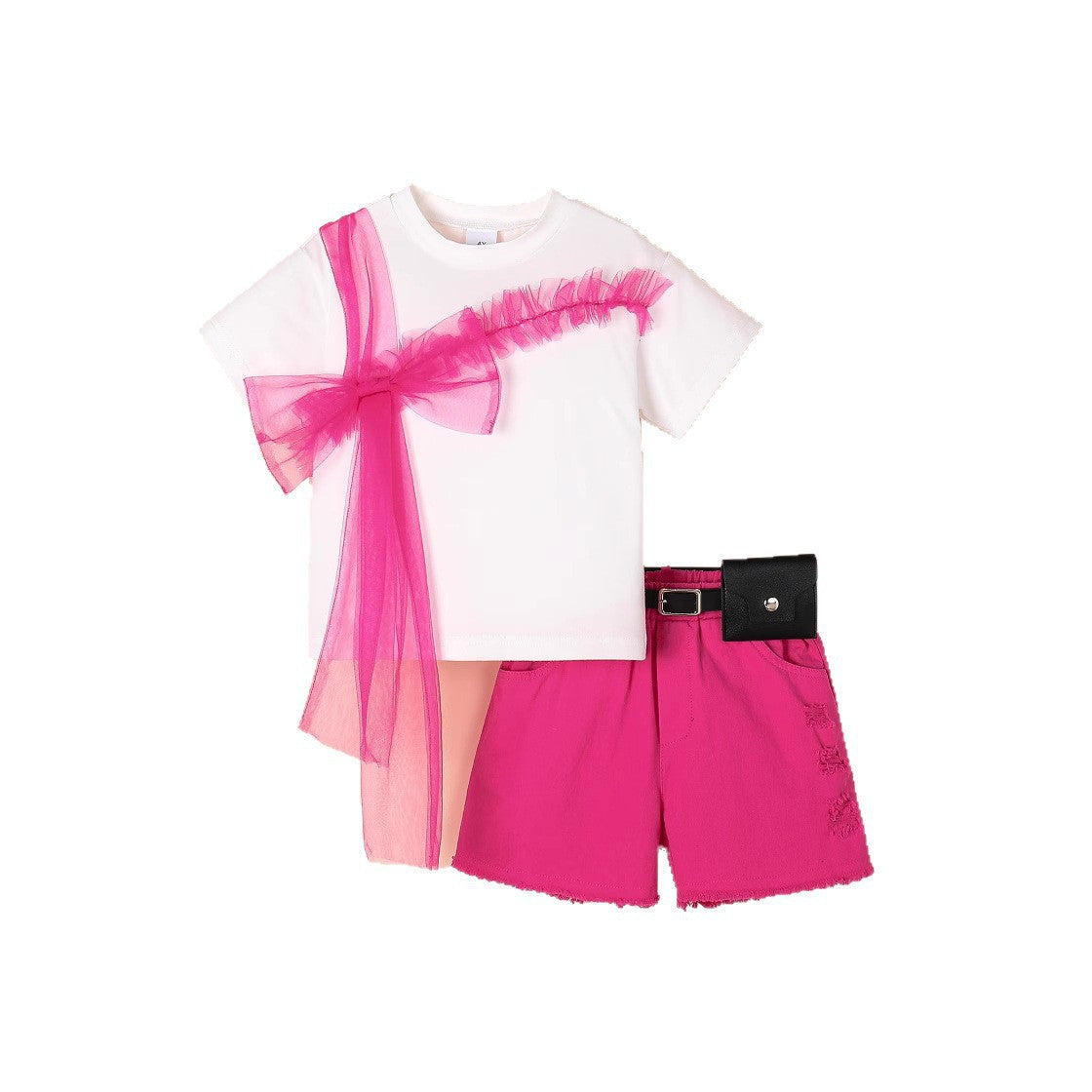 甘さをひとさじプラスできる 女の子半袖Tシャツ＆デニムショートパンツ＆ベルトセット チュールリボンデザイン コットン素材 4~7歳