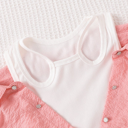 ピンクトップスとデニムパンツを組み合わせた子ども用上下セット正面カット
