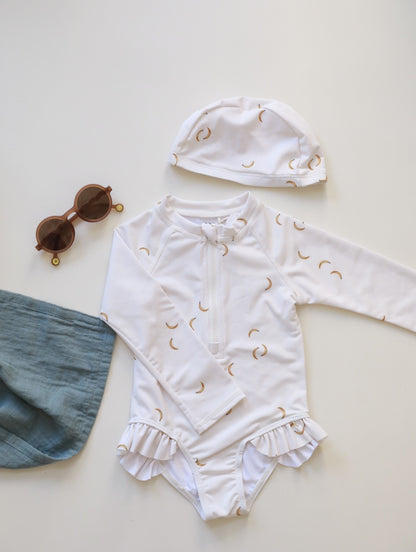 キッズ女の子 UV対策 ラッシュガード風 長袖ワンピース水着 フロントジップ フリル付き 高伸縮ポリエステル 80cm・90cm・100cm・110cm・120cm・130cm