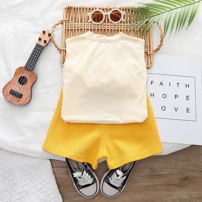 夏もさらっと動きやすい 男の子ノースリーブ上下セット くまプリント＆バケットハットデザイン コットン 80~120cm