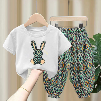 さらっと涼しい 子ども半袖Tシャツ＆総柄パンツ上下セット うさぎプリント レター入り コットン×ポリエステル 90~140cm