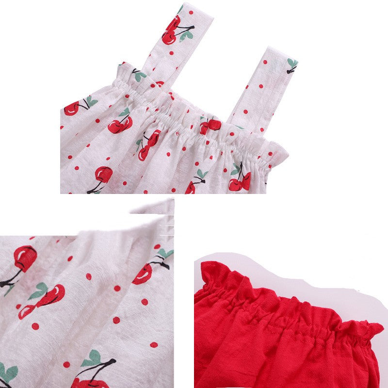 ふんわり可愛いおめかしが完成する 女の子ベビーサスペンダースカート上下セット チェリー柄・リーフ柄 コットン ノースリーブ 66~90cm