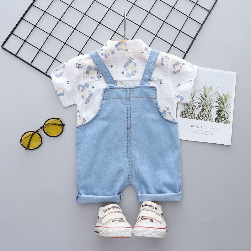 夏のおでかけがきちんと可愛く決まる 男の子半袖シャツ＆デニムサロペットショーツ上下セット 恐竜プリント コットン 80~110cm