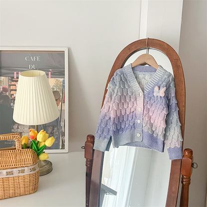 ふんわりグラデーションで華やぐ 女の子カーディガン＆チュチュスカートセット うろこ編みデザイン ポリエステル素材 90~130cm