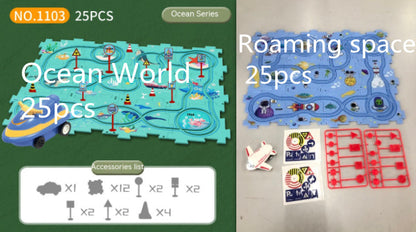 電動パズルレールカー 論理ルートDIYトロリー 恐竜・森・宇宙・海の4テーマ知育パズルトラック 3歳頃から Lumisei Prime