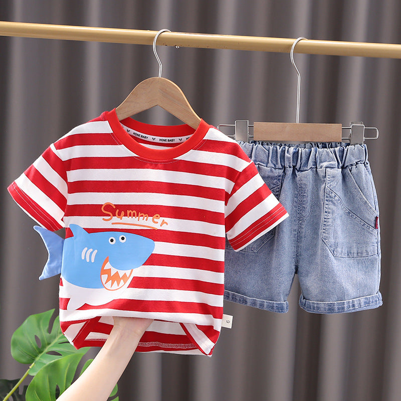 さらっと快適に動ける 男の子夏用半袖Tシャツ＆ショートパンツ上下セット ボーダー×サメプリント コットン素材 80~120cm