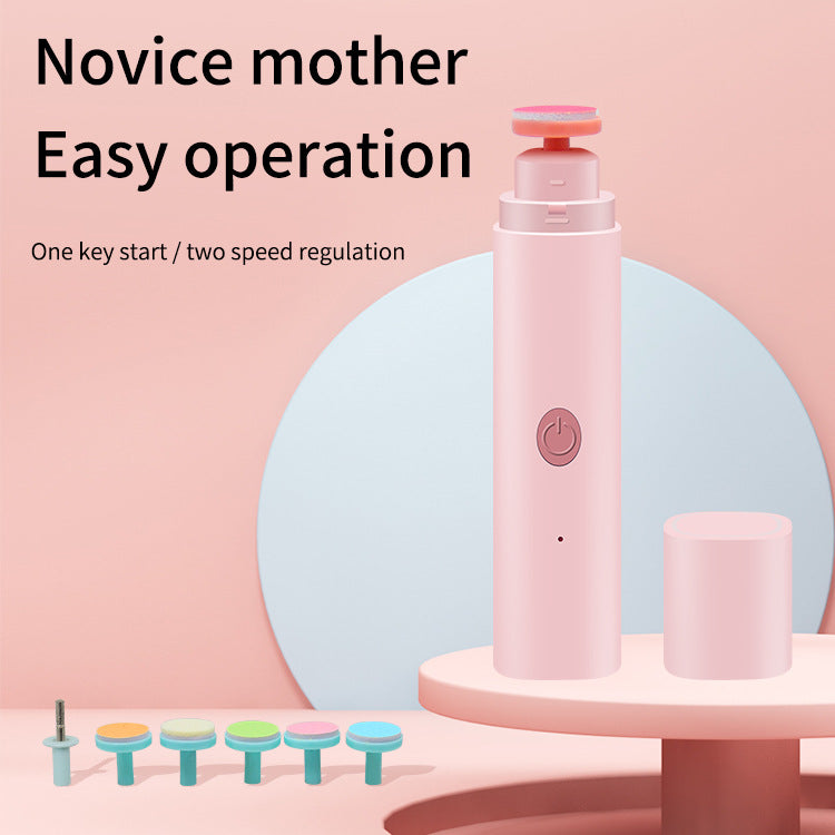 簡単操作を訴求する ベビー電動爪やすり ピンク 本体と研磨ヘッド（赤ちゃん爪ケア）
