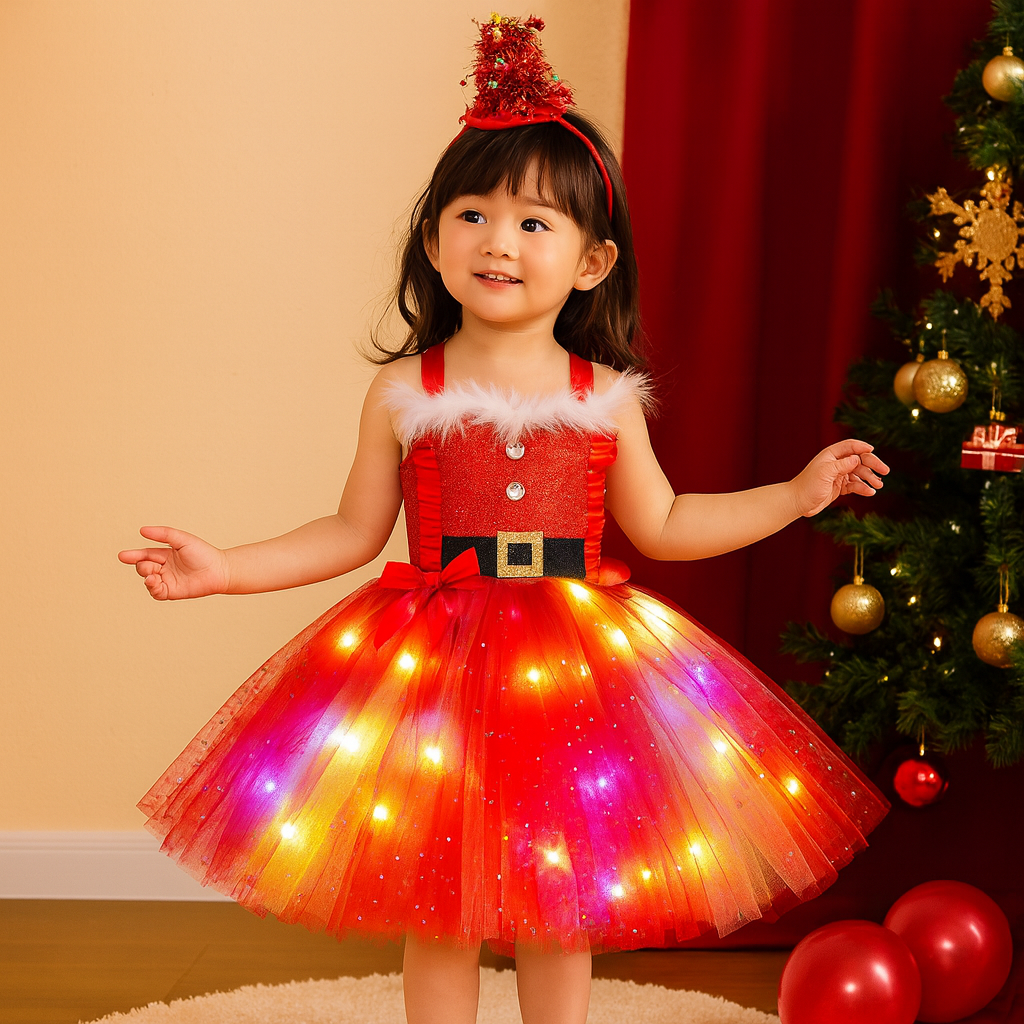 LEDライトが光る女の子用クリスマスツリードレスを着たモデル写真
