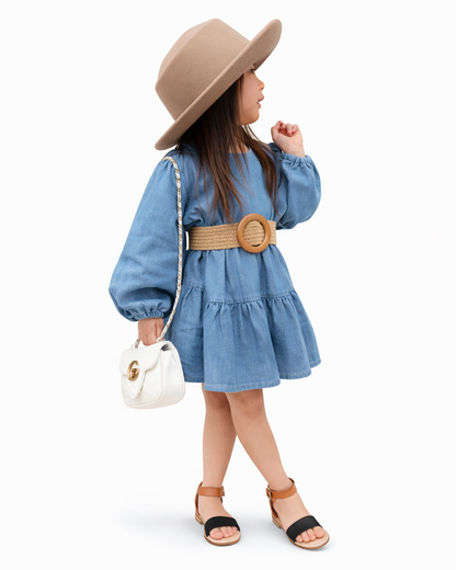 きちんと上品に映える 女の子長袖デニムプリンセスワンピース ベルト付きブリティッシュ風 サンディング加工コットン 80~120cm