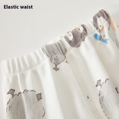 総ゴムウエスト仕様のペンギン柄ロングパンツウエスト部分ディテール
