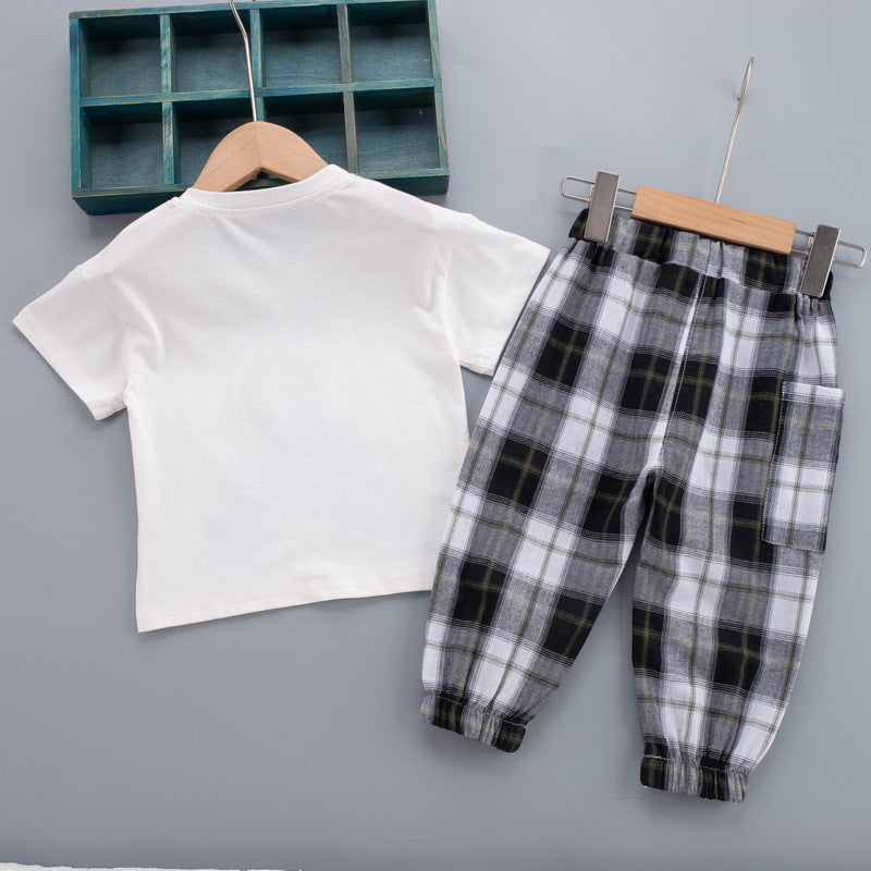 さらっと動きやすい 男の子半袖Tシャツ＆チェックパンツ上下セット くまプリント コットン 80~110cm