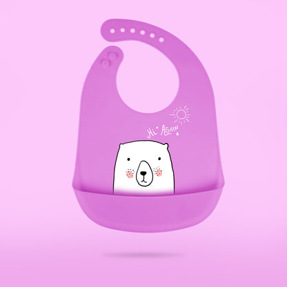パープルカラーのシリコン製ベビービブを正面から撮影した商品画像  
