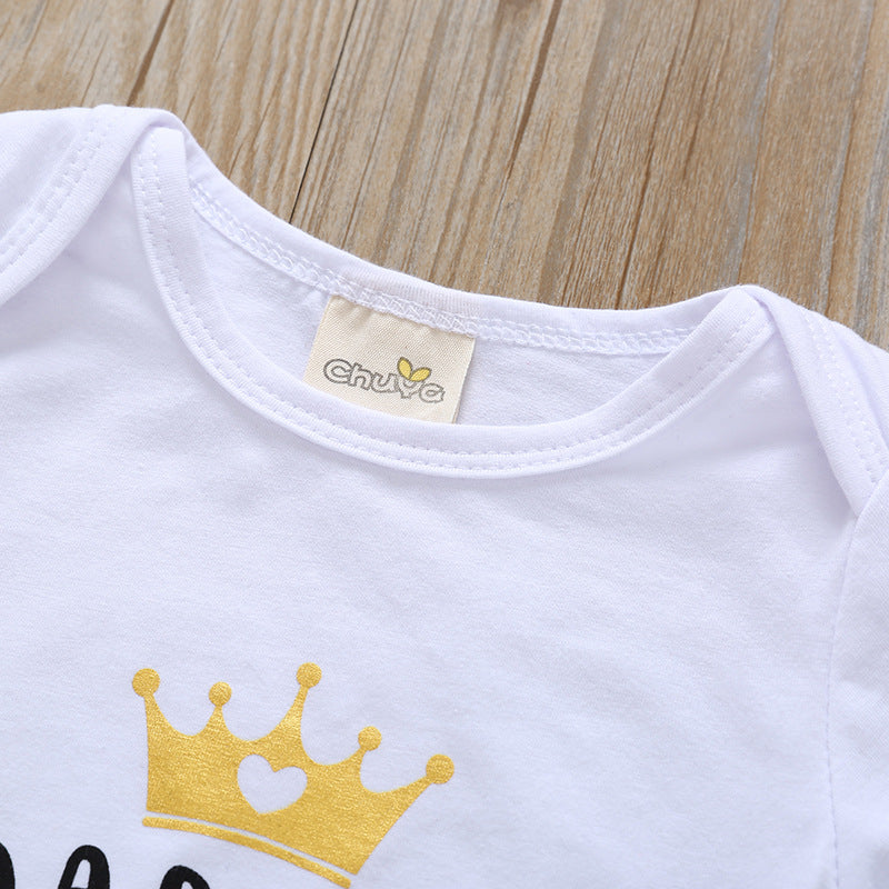 特別感のあるきらめきリボンで可愛く決まる 女の子ベビーロンパース＆ブルマ＆ヘアバンド3点セット 王冠ロゴプリント コットン混 70〜100cm