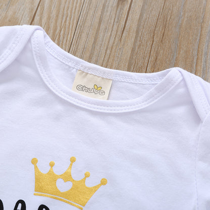 特別感のあるきらめきリボンで可愛く決まる 女の子ベビーロンパース＆ブルマ＆ヘアバンド3点セット 王冠ロゴプリント コットン混 70〜100cm