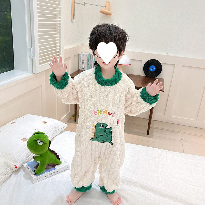 ホワイトカラーの恐竜カートゥーン柄フランネルつなぎパジャマ
