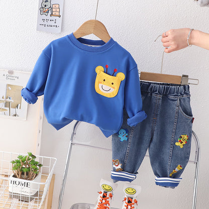 動きやすくやさしい着心地の 男の子トレーナー＆ロングパンツ上下セット アニマルポケットデザイン コットン素材 80~120cm