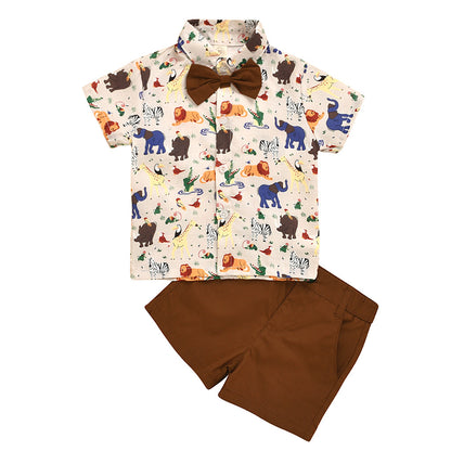 きちんと見えでおしゃれが決まる 男の子ジェントルマン風セットアップ マリンキャラクタープリント半袖シャツ＆無地ショートパンツ コットン混 80~120cm