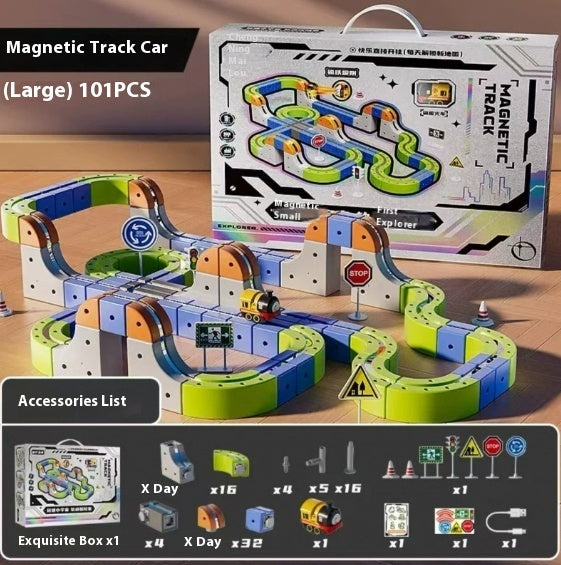 大型101ピースのマグネティックトラックカーセットと付属アクセサリー一覧が写った商品画像

