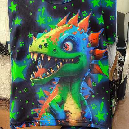 さらっと涼しい夏の毎日に 男の子半袖ルームウェア上下セット 恐竜カートゥーン＆星柄 ネオン風プリント ポリエステル薄手 2〜7歳