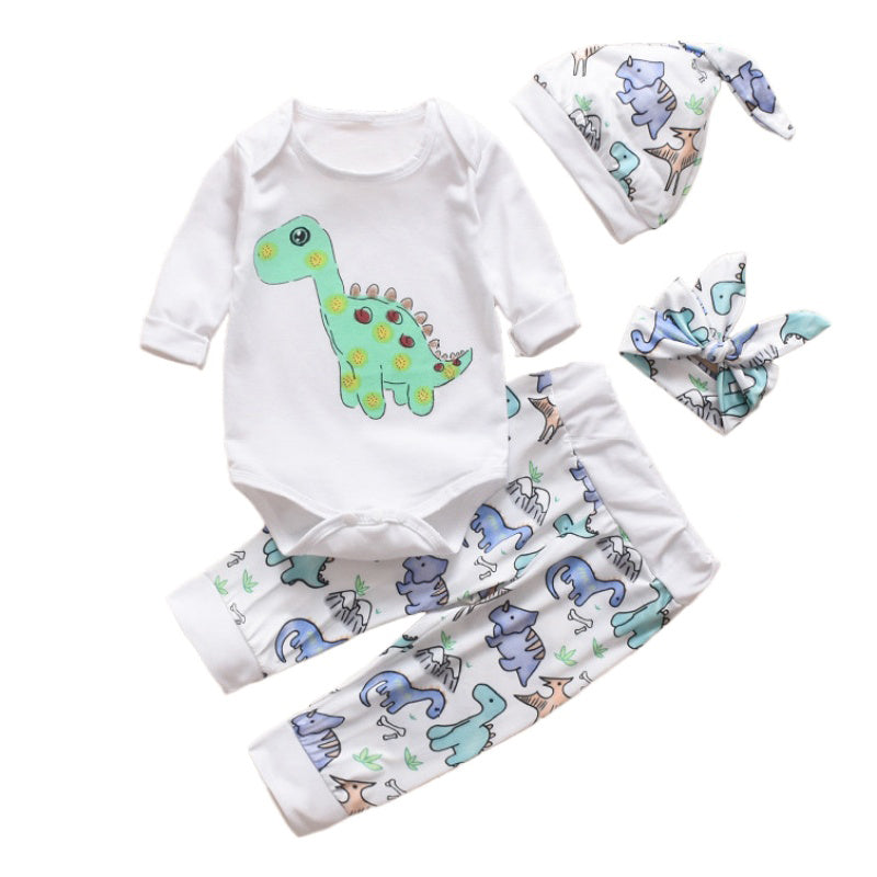 ロンパース前面の恐竜イラストと文字デザインのクローズアップ
