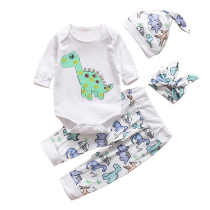 ロンパース前面の恐竜イラストと文字デザインのクローズアップ
