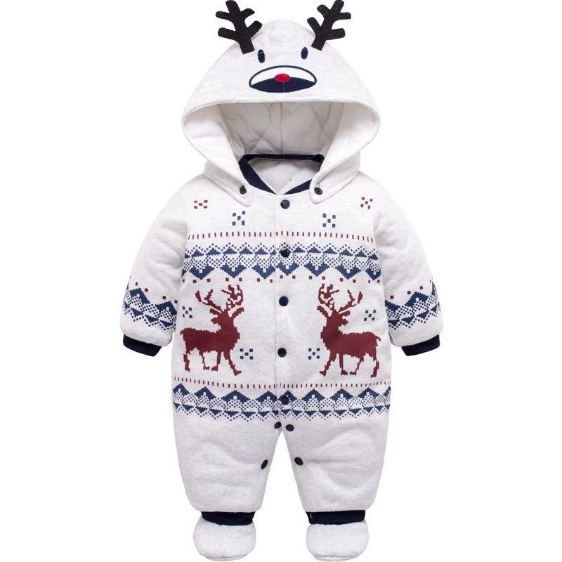 グレーの新生児用長袖コットンカバーオール正面全体
