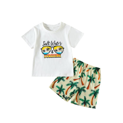 夏のリゾート気分が高まる 男の子半袖Tシャツ＆ヤシ柄ショートパンツ 上下2点セット レタープリント ポリエステル 90~130cm