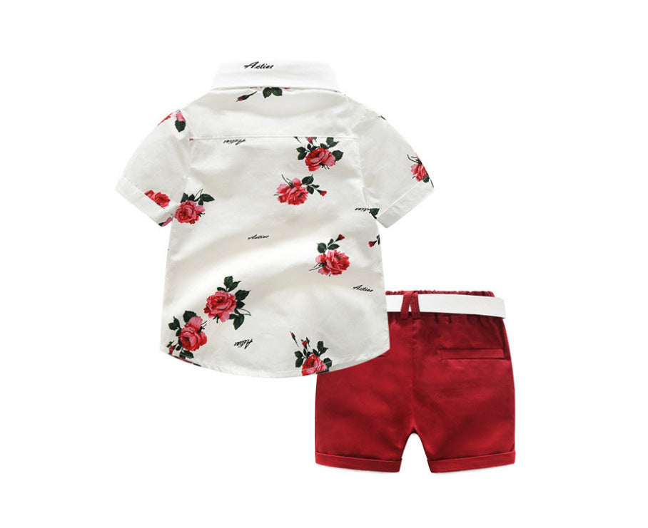 きちんと華やぐ 男の子フォーマル風セットアップ 薔薇花柄半袖シャツ＆赤ショートパンツ 蝶ネクタイ付き コットン100% 90~140cm
