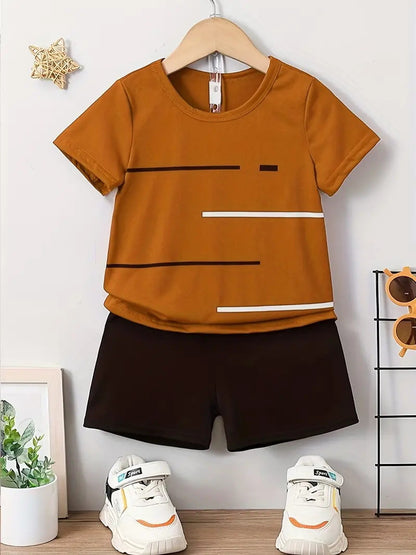 さらっと快適に夏を走れる 男の子スポーティー上下セット 半袖Tシャツ＆ショートパンツ 配色ラインデザイン ポリエステル吸汗仕様 100〜160cm
