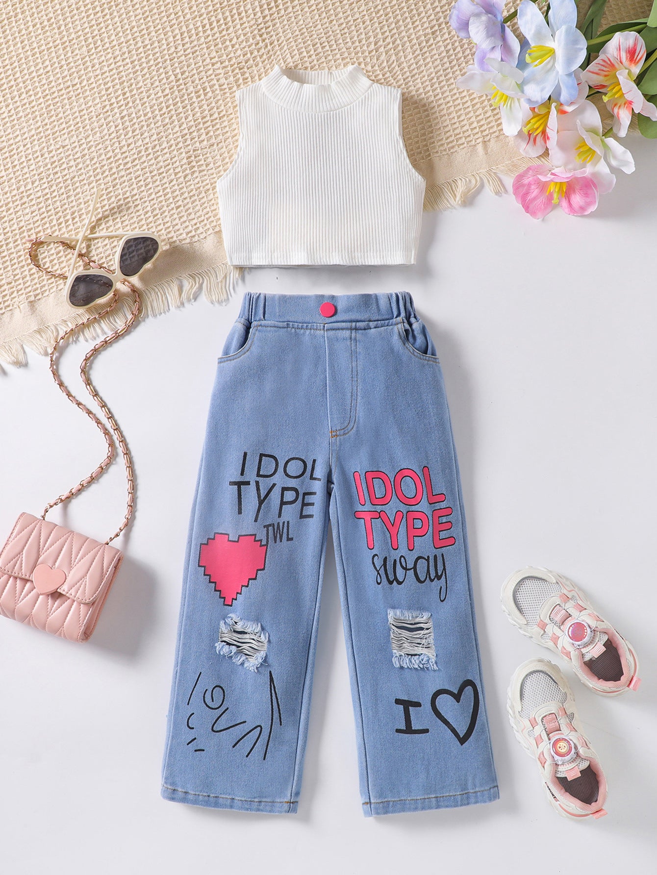 さらっと軽やかに大人っぽく決まる 女の子ノースリーブベスト＆レタープリントデニム風パンツ2点セット コットン素材 100〜130cm