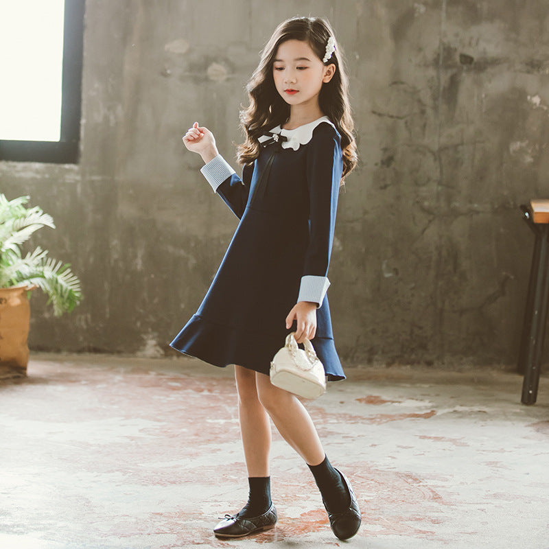 きちんと上品に映える 女の子長袖プリンセスワンピース 大きめ襟フリルデザイン コットン 裏起毛あり/なし 90~150cm