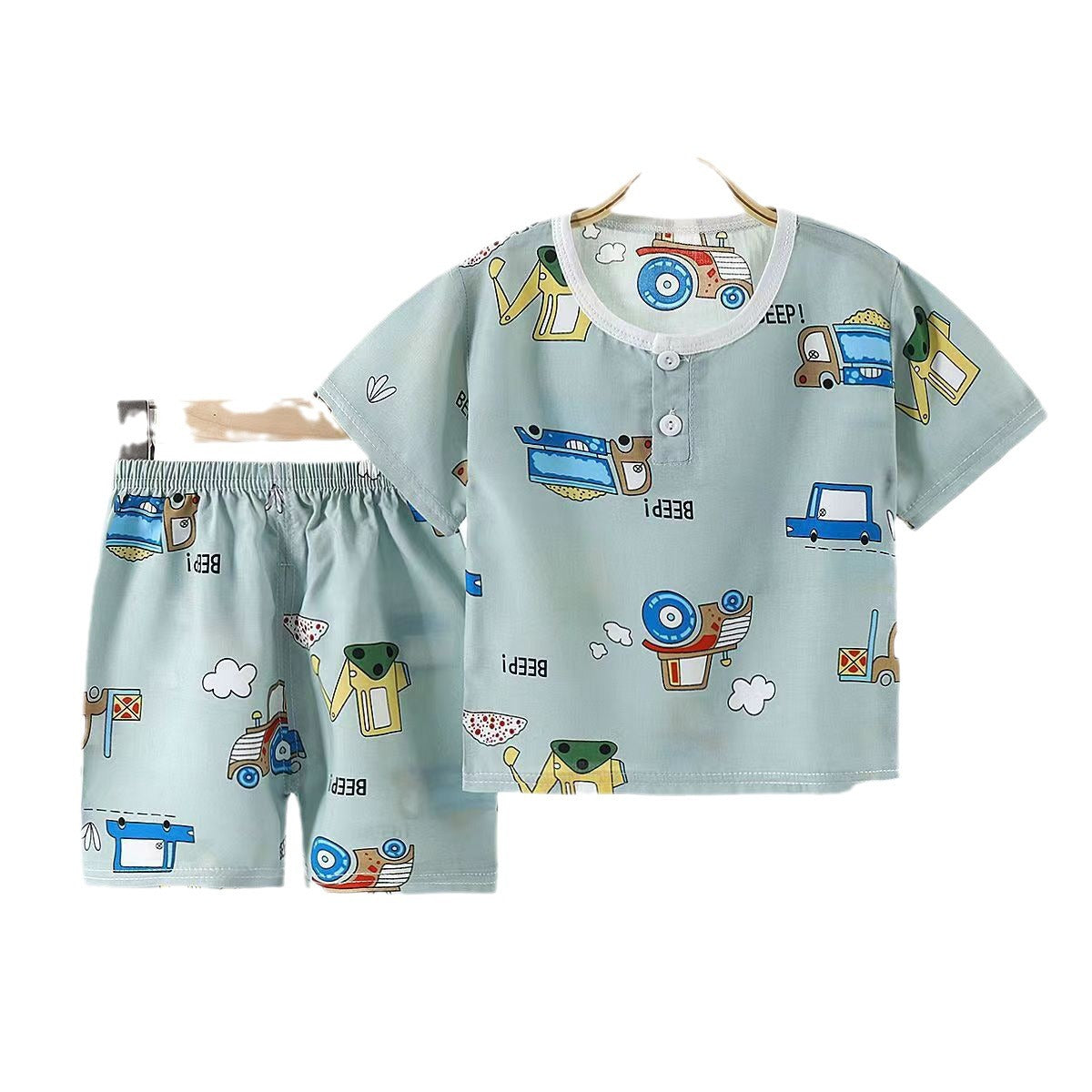 さらっと軽やかに夏を楽しむ 子ども半袖Tシャツ＆ショートパンツ上下セット 恐竜カートゥーンプリント ポリエステル 薄手 90~150cm