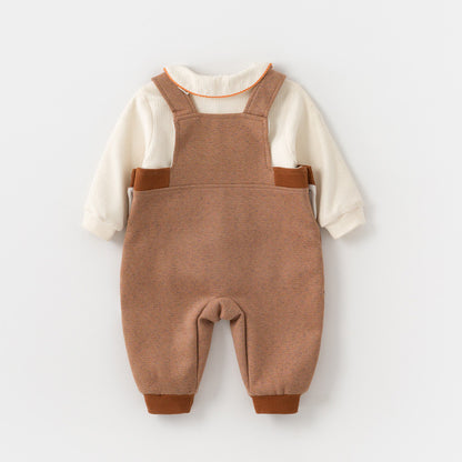 重ね着風でおめかしが叶う 女の子ビブサロペット上下セット ねこプリント 丸襟ロングスリーブ コットン95% 66~90cm