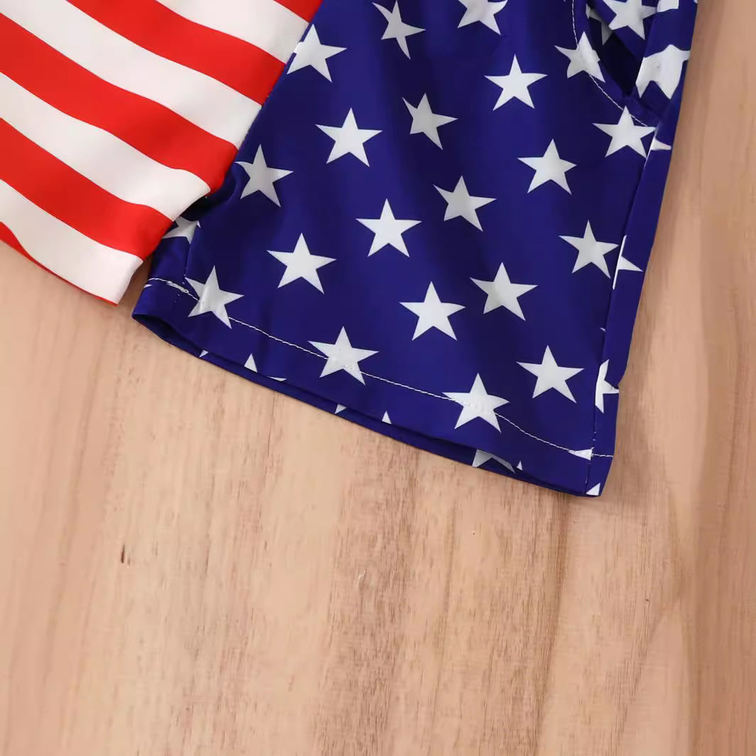 夏の軽やかおしゃれが完成する 男の子半袖シャツ＆ショートパンツセット 星柄×ストライプ コットン 80〜120cm