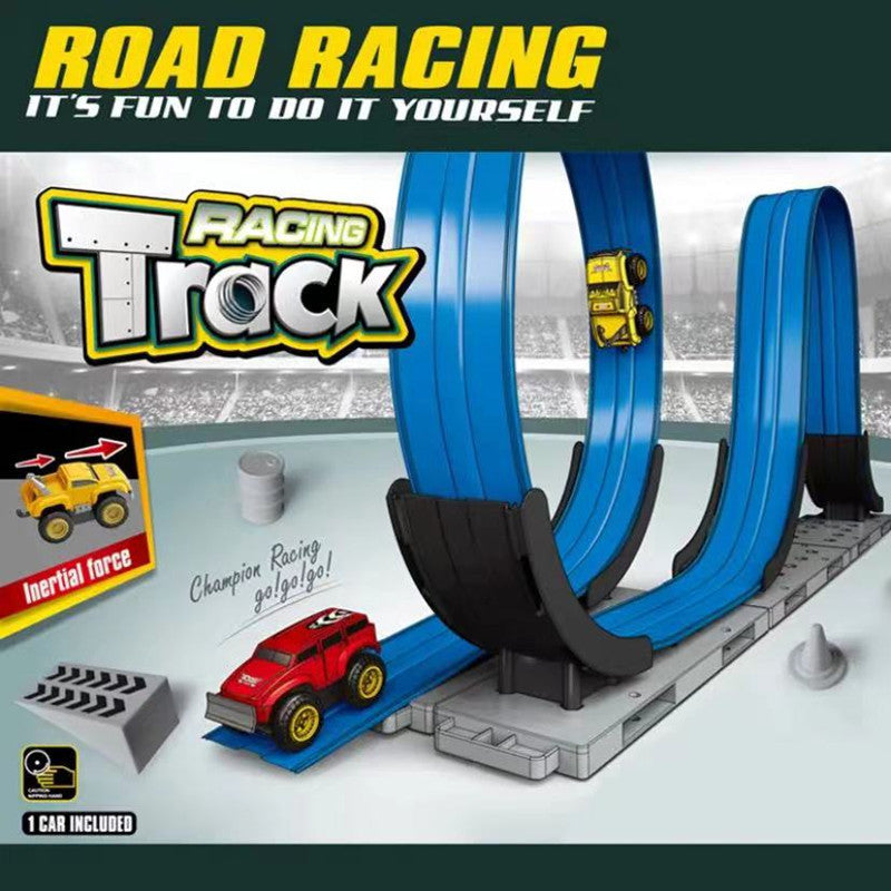 マグネットトラックセットシンプル版で車1台がレールの上を走っている様子
