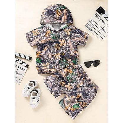外遊びがもっと楽しくなる 男の子半袖フーディーセット 迷彩カモフラージュ柄カーゴショーツ ポリエステル混 18-24ヶ月~6歳