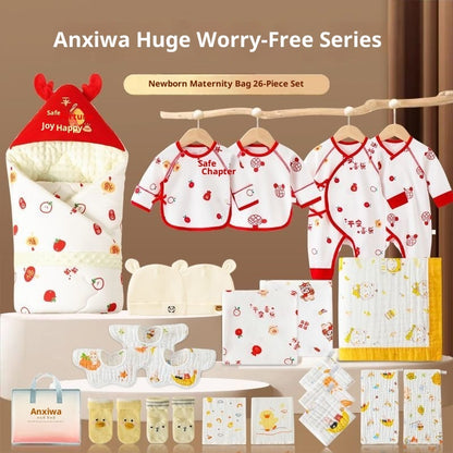 レッド系カートゥーン柄の新生児用純綿おくるみ26点ギフトセットを一式並べた商品画像
