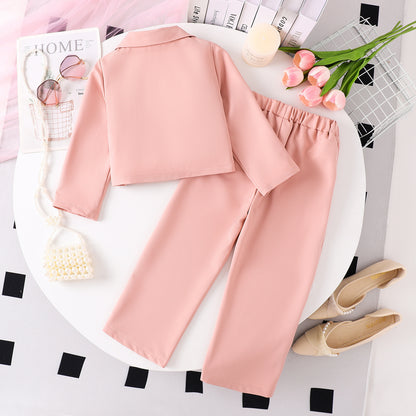 きちんと可愛くおしゃれ見えする 女の子襟付き長袖トップス＆ロングパンツ2点セット フラワーモチーフ コットン素材 ピンク 90〜140cm