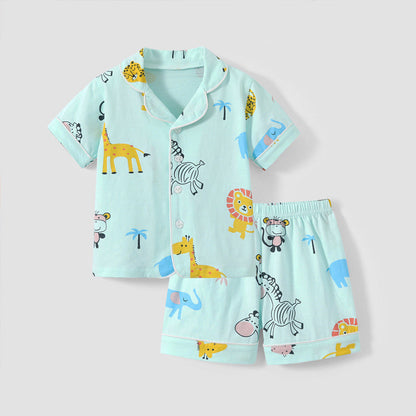おうち時間がもっと快適になる 子ども前開き半袖パジャマ上下セット アニマルプリント コットン素材 3~8歳向け