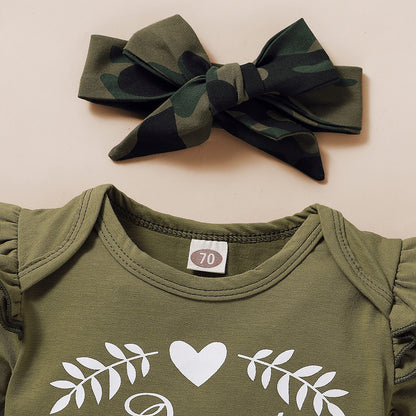 甘辛ミリタリーで写真映えする 女の子フリル袖ロンパース＆カモフラ柄スカート＆リボンヘアバンド3点セット コットン95% アーミーグリーン 70~100cm