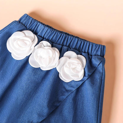 立体フラワーで上品に映える 女の子トップス＆スカートセット ブルー無地デザイン コットン素材 2〜7歳